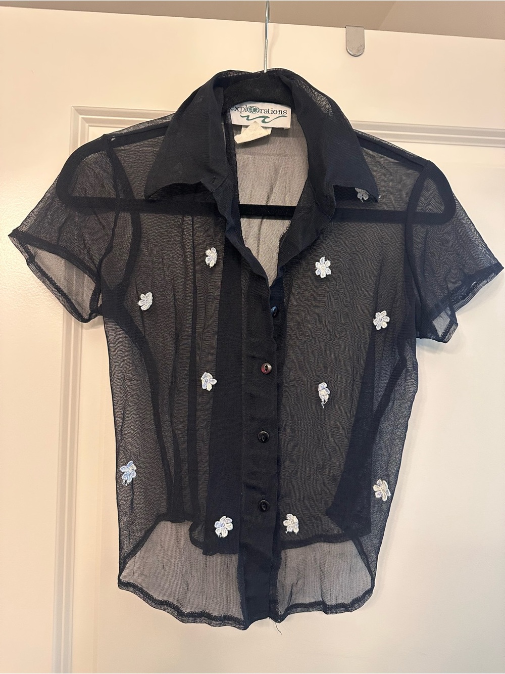90s Sheer Black Short-Sleeve Button Front Top with Floral Appliqués